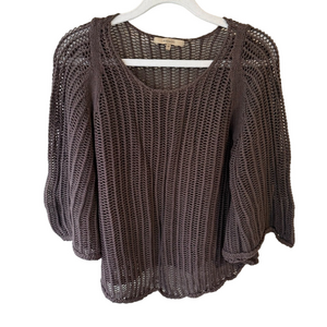 RW&CO. Brown Crew Neck Sweater with Ribbed Knit and Puff Sleeves